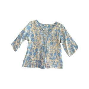 Laura Bianchi Women's Blue Gray Floral Print Linen 3/4 Sleeves Top Size Medium
